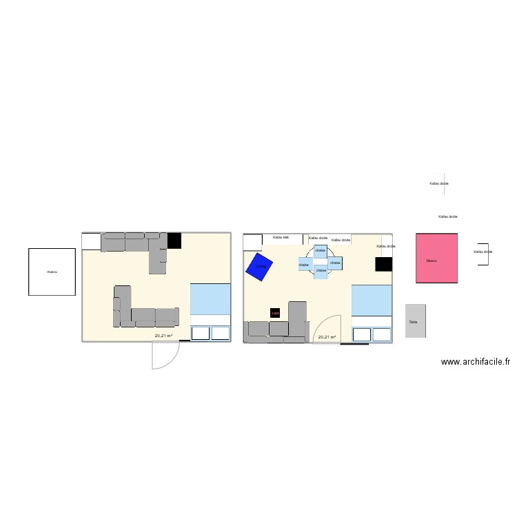 studio. Plan de 2 pièces et 40 m2