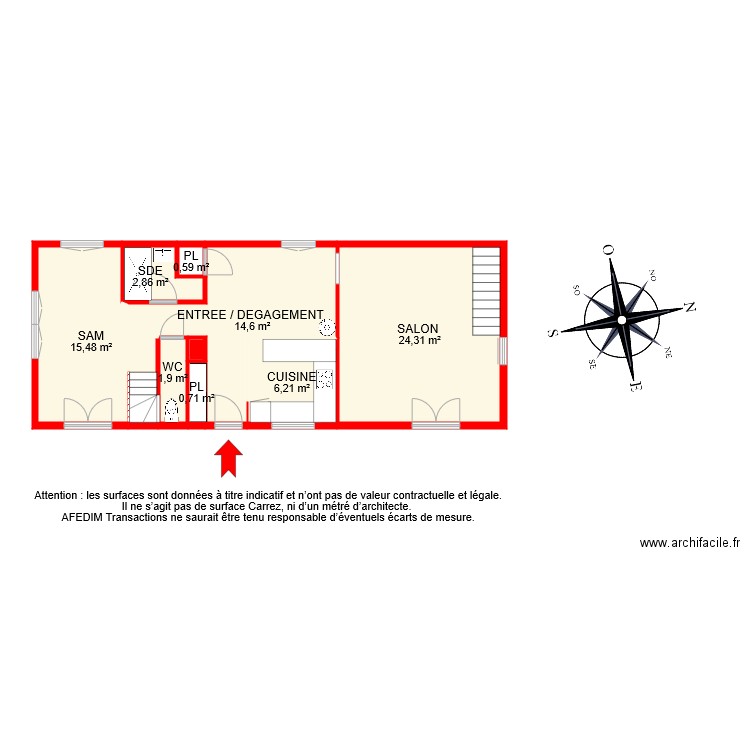 BI8378 RDC. Plan de 9 pièces et 67 m2