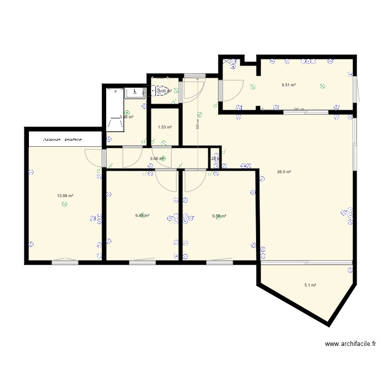 Parly 2 Type 1  3 Chambres modifié electricité. Plan de 0 pièce et 0 m2