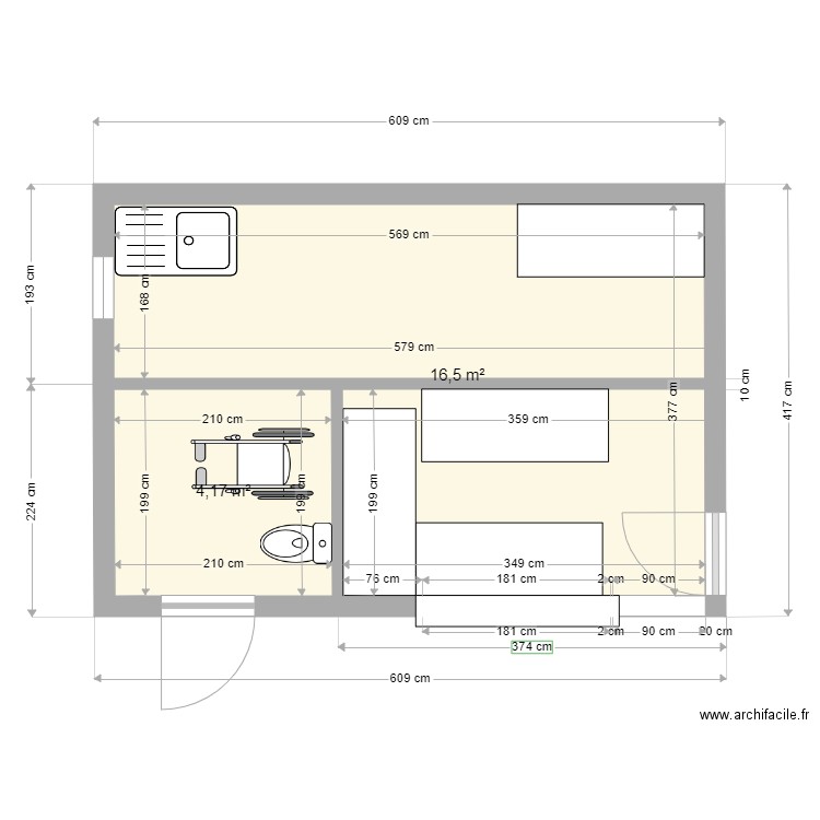 pacifique bar 2. Plan de 2 pièces et 21 m2