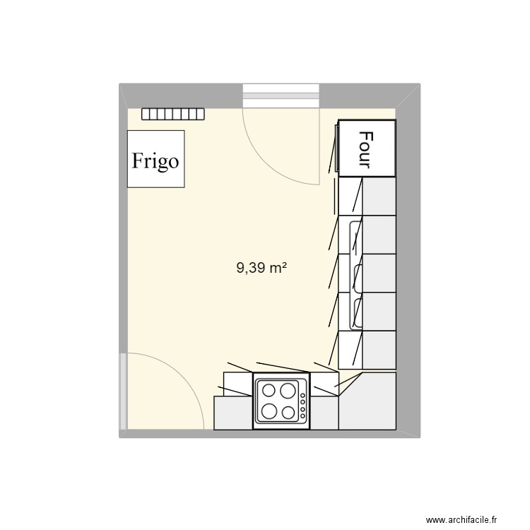 cuisine actuelle. Plan de 1 pièce et 9 m2