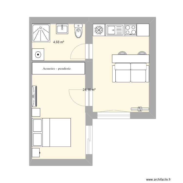 Extension. Plan de 2 pièces et 29 m2