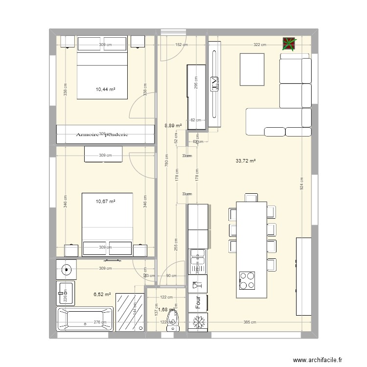 Cuisine 290123. Plan de 6 pièces et 72 m2