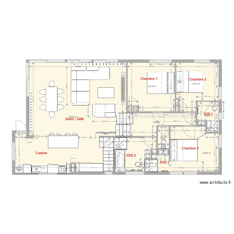 OPI Salon et Chambres version cible v6 new One Chalet. Plan de 10 pièces et 110 m2