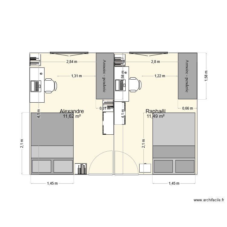 chambres. Plan de 2 pièces et 23 m2