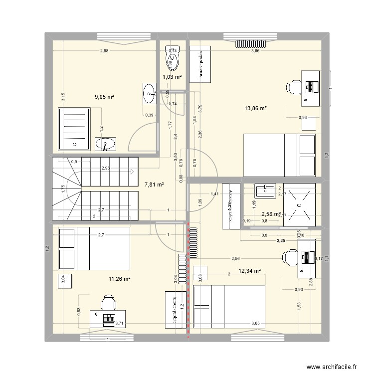 2ème. Plan de 7 pièces et 58 m2
