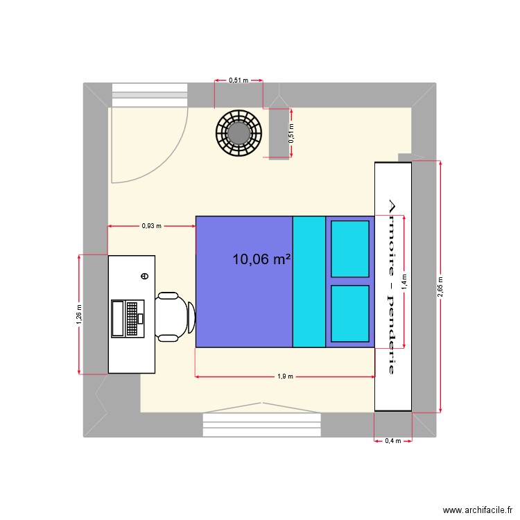 Chambre Lynh. Plan de 1 pièce et 10 m2