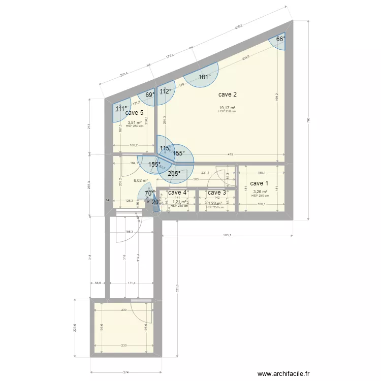 plan 5 caves avec projection de 7 caves. Plan de 