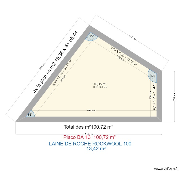 PLAN face Placo. Plan de 1 pièce et 16 m2