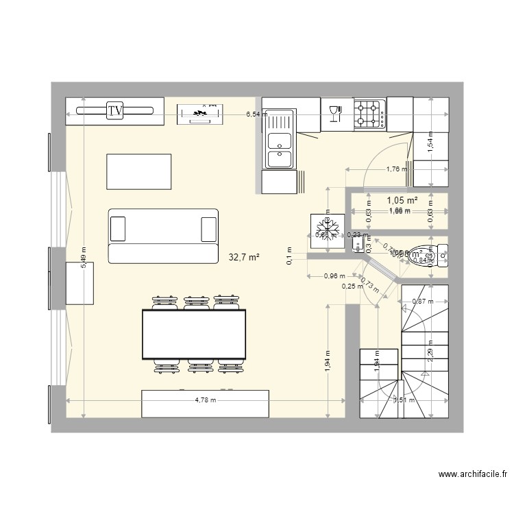 1er étage Cuisine et SAM. Plan de 3 pièces et 35 m2