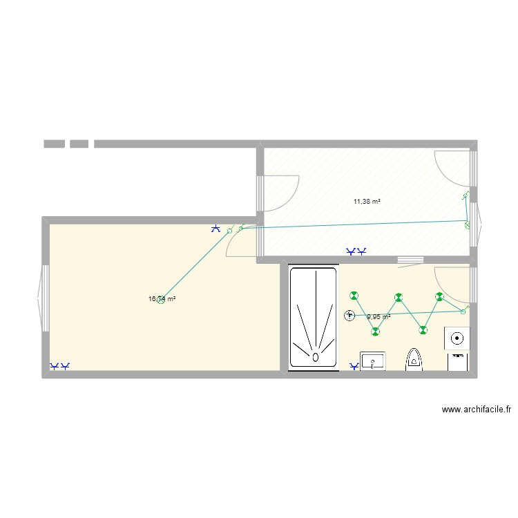 CHAMBRE-WC-GOSSELIES . Plan de 3 pièces et 38 m2