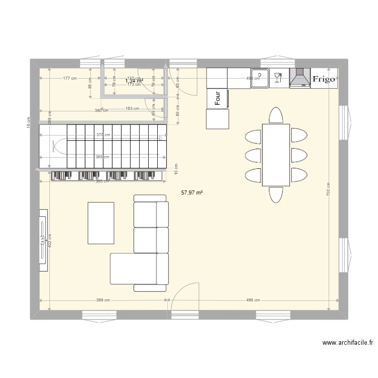 10 CL RDC . Plan de 2 pièces et 59 m2