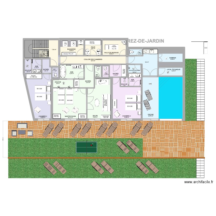 REZ-DE-JARDIN DÉFINITIF. Plan de 28 pièces et 170 m2