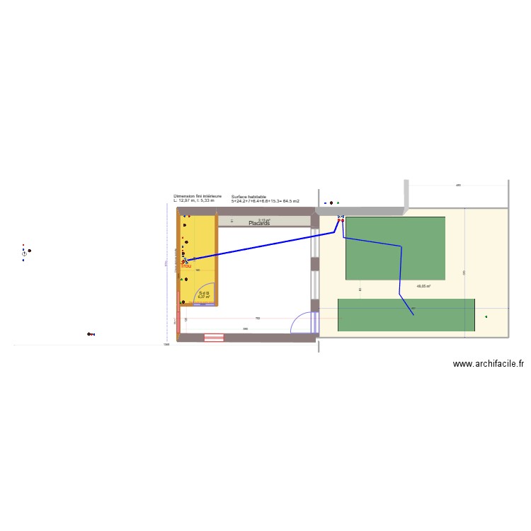 Distribution eau 03. Plan de 3 pièces et 57 m2