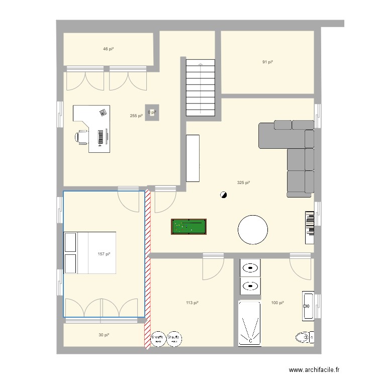 sous sol 1280 Evangéline. Plan de 9 pièces et 104 m2