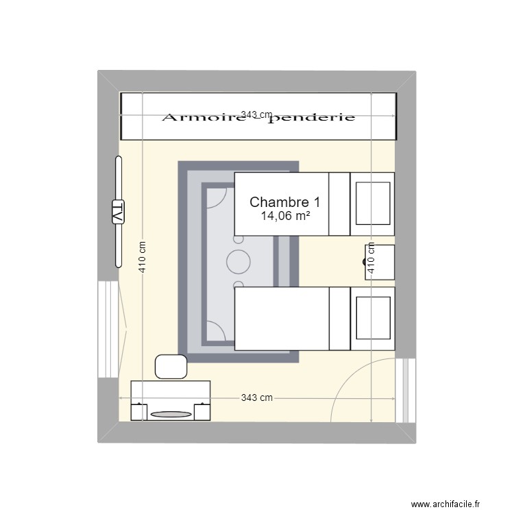 Marceau chambre 1 V2. Plan de 1 pièce et 14 m2