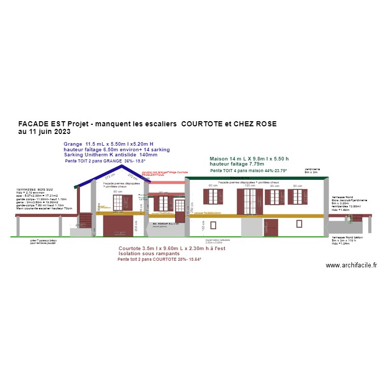 COUPE NIVEAUX FACADE EST SOLS & TERRASSES MARRON . Plan de 4 pièces et 44 m2