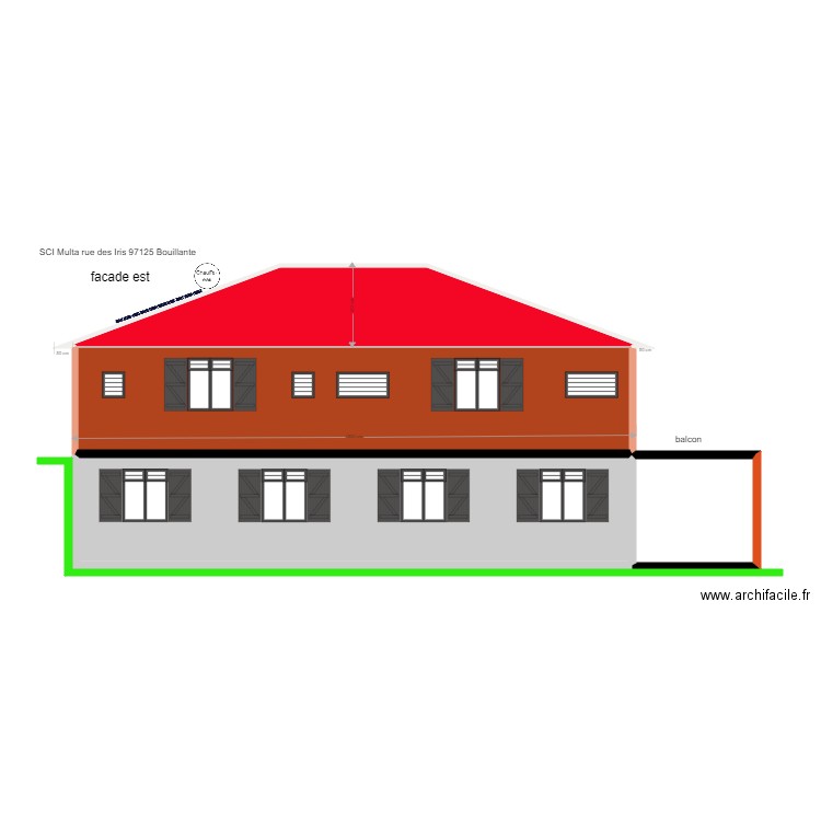 facade est. Plan de 4 pièces et 109 m2