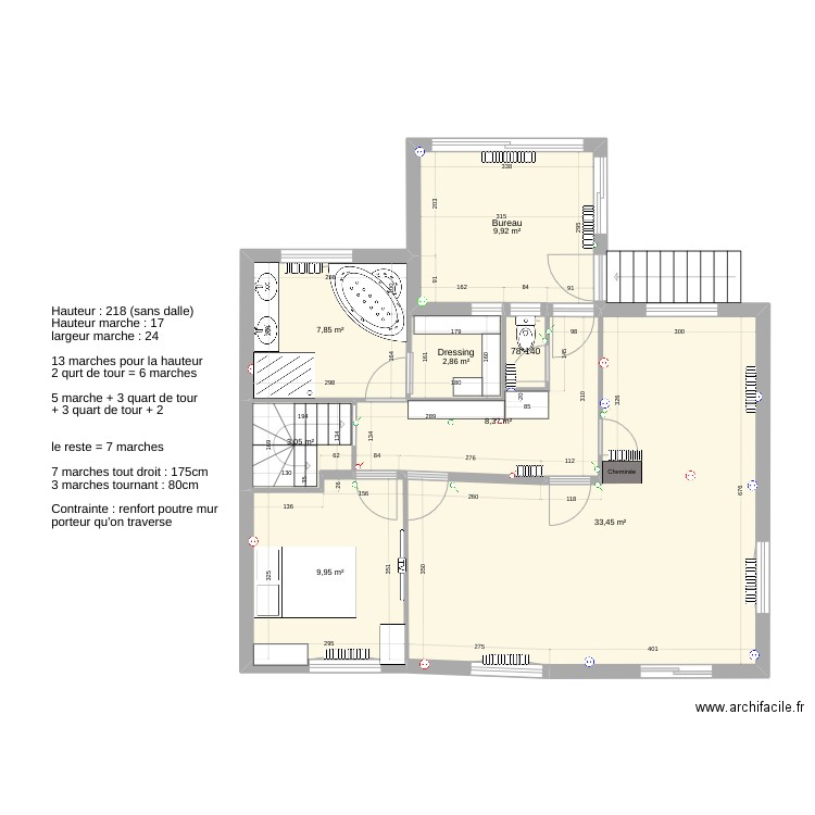 Maison test escalier 3. Plan de 8 pièces et 77 m2