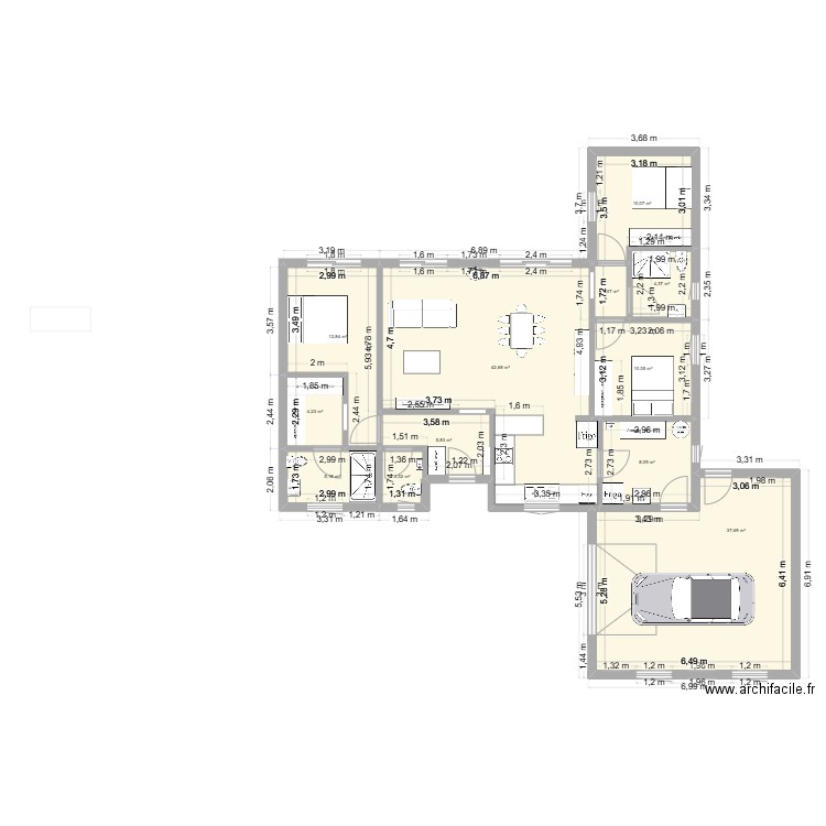 107 m2 avec 3 chambres + garage. Plan de 12 pièces et 145 m2