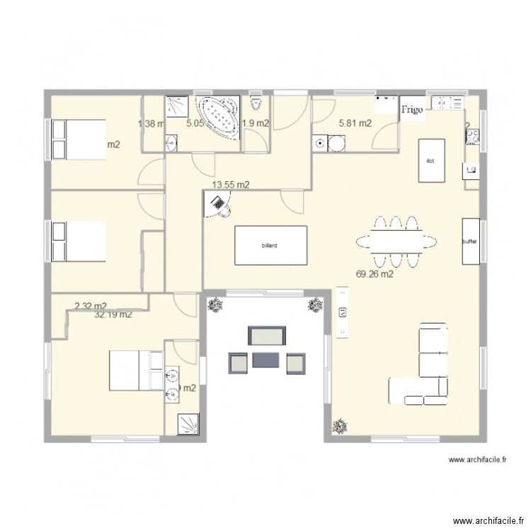 en U. Plan de 0 pièce et 0 m2