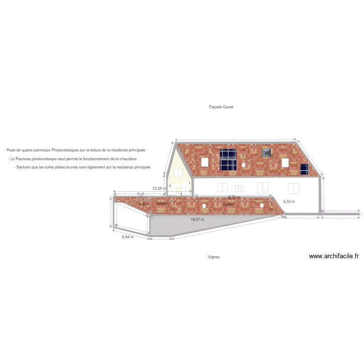 Facade Ouest Toit atelier . Plan de 
