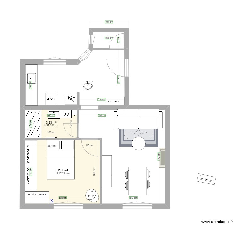 SCI MAM SALLE DE BAIN CHAMBRE CUISINE modifié. Plan de 2 pièces et 16 m2