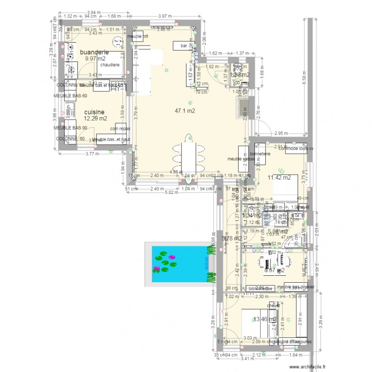 PLAN 116 M avec aménagement interieur . Plan de 0 pièce et 0 m2