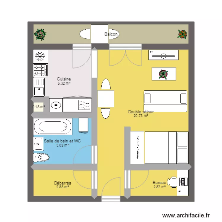 Appartement T1 bis. Plan de 