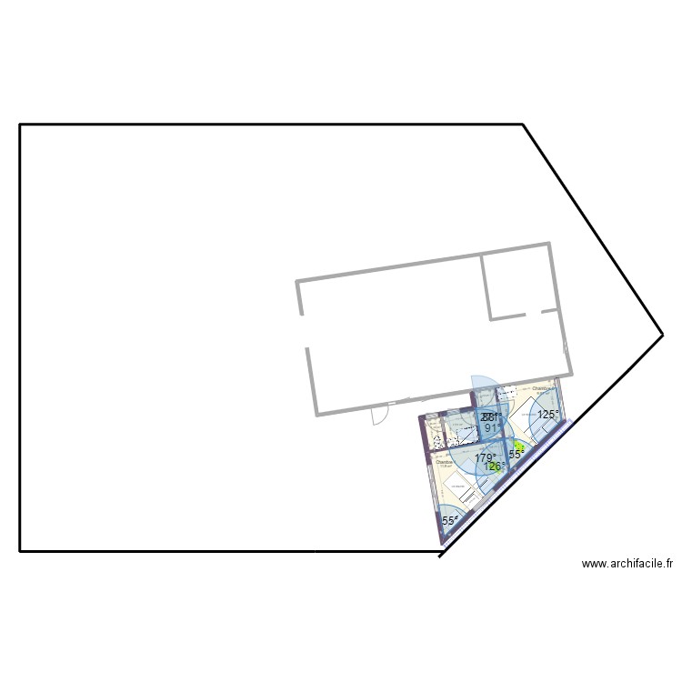 Triangle 2 Ch 29 M2 WC-SdE avec mur VF. Plan de 5 pièces et 29 m2