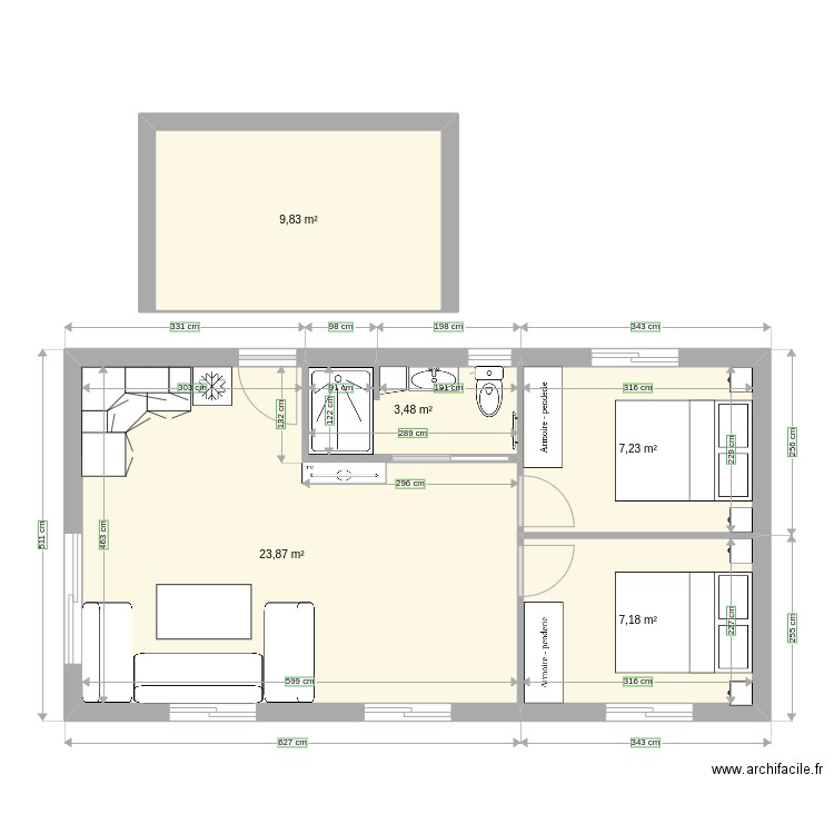 B moins de 50 m2. Plan de 5 pièces et 52 m2