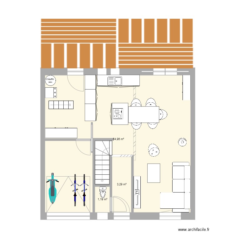 RDC modifie. Plan de 3 pièces et 59 m2