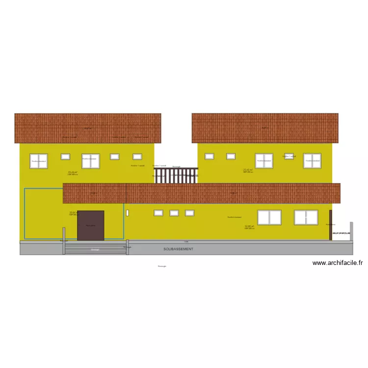 fa&ccedil;ade avant salle des f&ecirc;tes en couleur. Plan de 