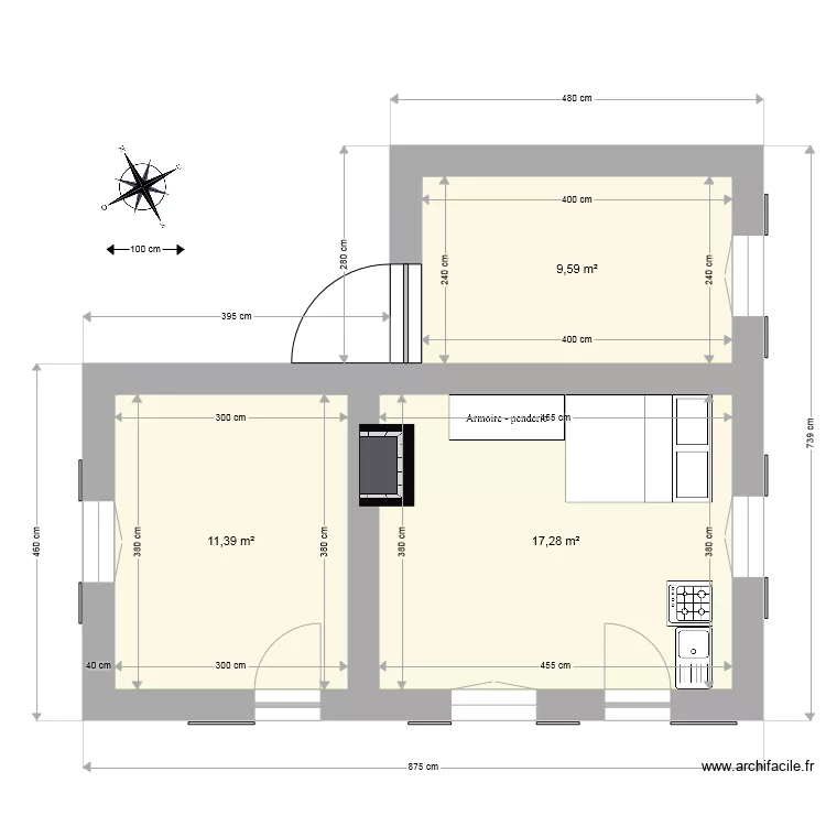 cabane de Quioul&egrave;s  hyp largeur partie ouverte 300 cm. Plan de 