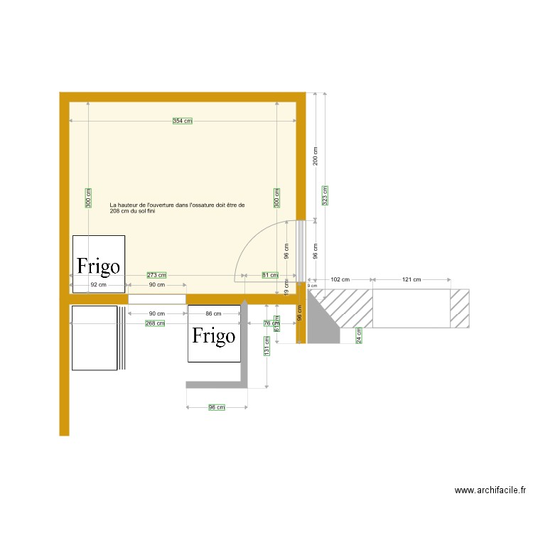 cuisine et arrière cuisine. Plan de 1 pièce et 11 m2