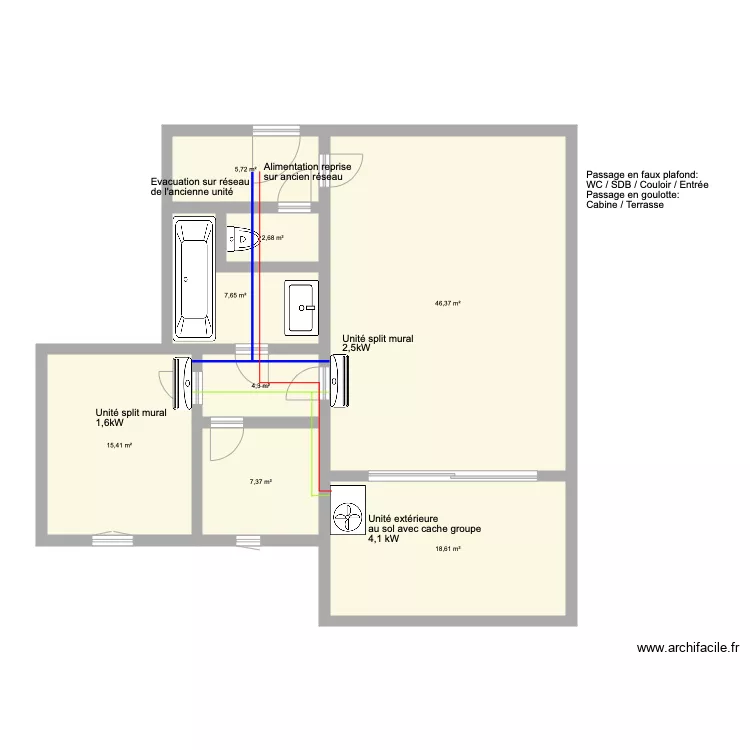 2 pi&egrave;ces plus cabines. Plan de 