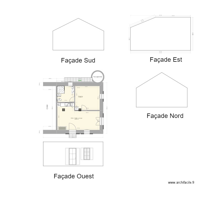 Gite rural dans chai Projet Façades. Plan de 2 pièces et 46 m2