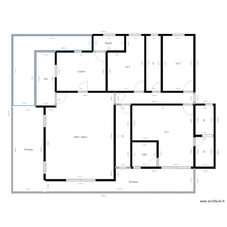 Plan de Roseline. Plan de 16 pièces et 181 m2
