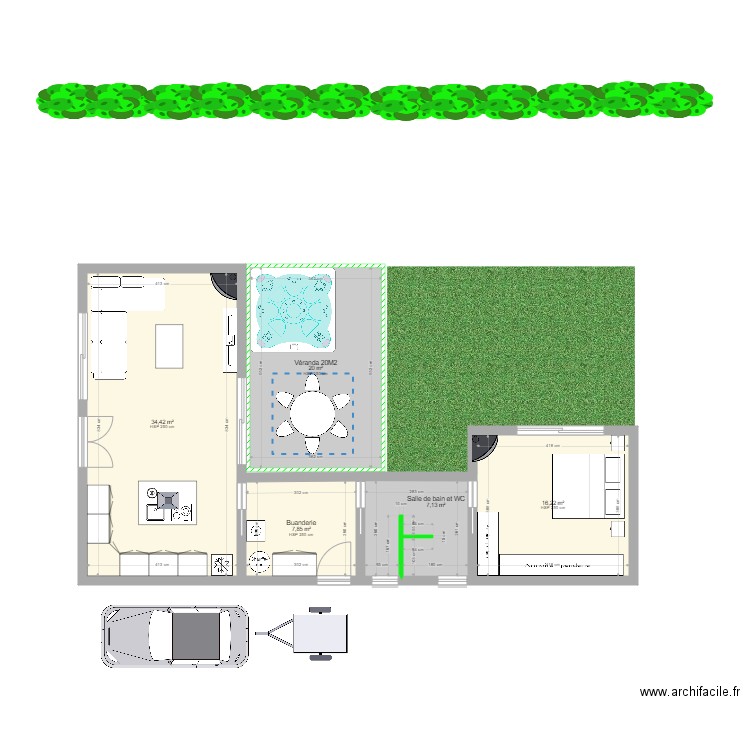 bel oeil   sejour buanderie  veranda chambre. Plan de 5 pièces et 86 m2