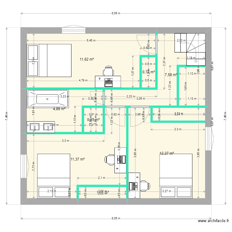 ETAGE SURELEVATION. Plan de 8 pièces et 50 m2