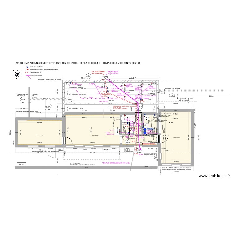 2.2-SCHEMA ASSAINISSEMENT (COMPLEMENT ) REZ DE JARDIN ET REZ DE COLLINE, (VIDE SANITAIRE ) 1/50. Plan de 6 pièces et 104 m2