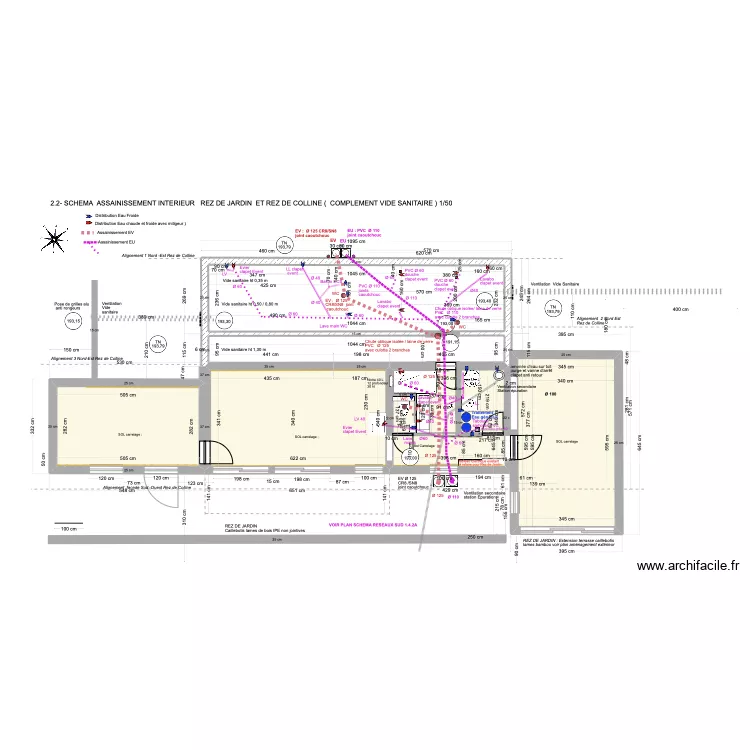 2.2-SCHEMA ASSAINISSEMENT (COMPLEMENT ) REZ DE JARDIN ET REZ DE COLLINE, (VIDE SANITAIRE ) 1/50. Plan de 