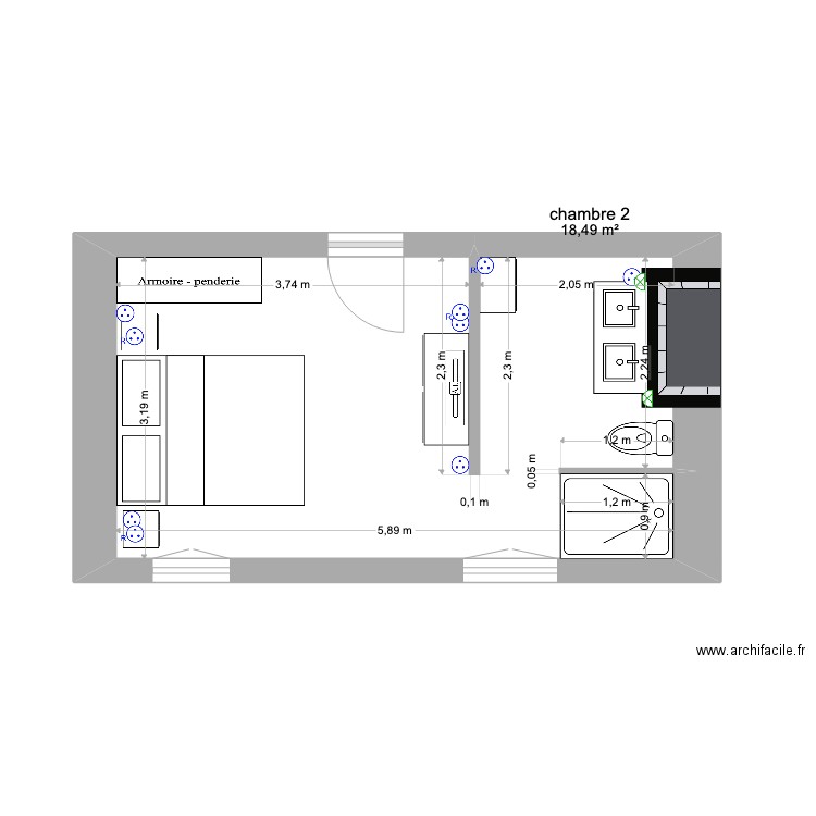 chambre 2 bis. Plan de 1 pièce et 18 m2