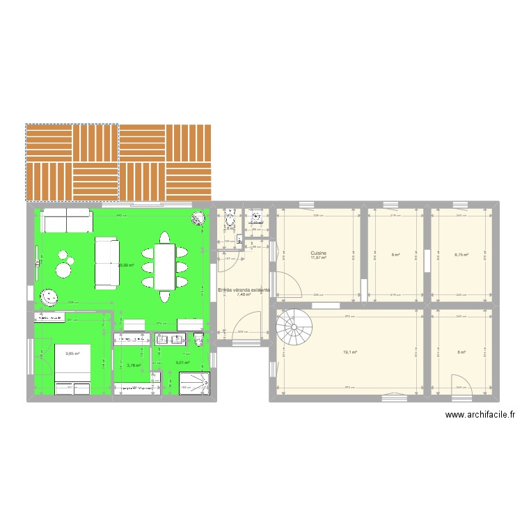 Plan 1 extension. Plan de 12 pièces et 114 m2