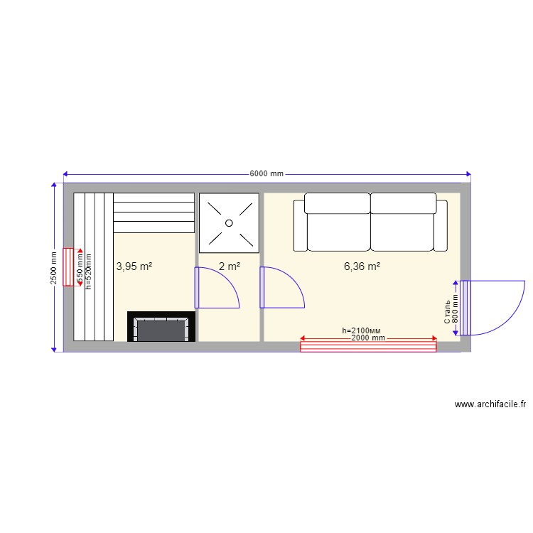 Banya. Plan de 3 pièces et 12 m2