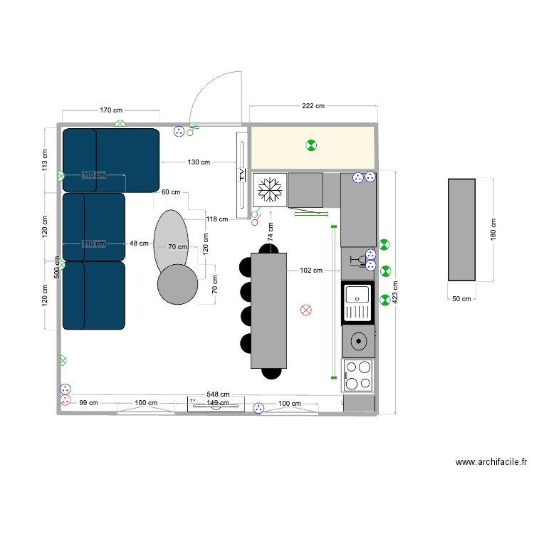 183 BINEAU table salon1 OVALE. Plan de 1 pièce et 2 m2