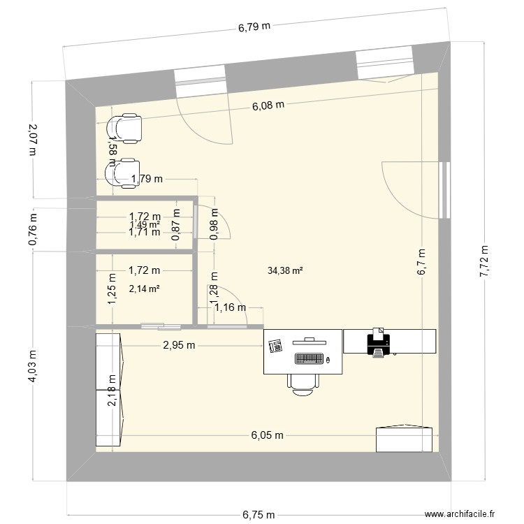 LA POSTE  rdc version 2. Plan de 3 pièces et 38 m2