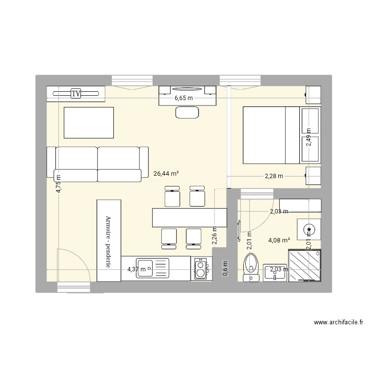 Studio mtp. Plan de 2 pièces et 31 m2