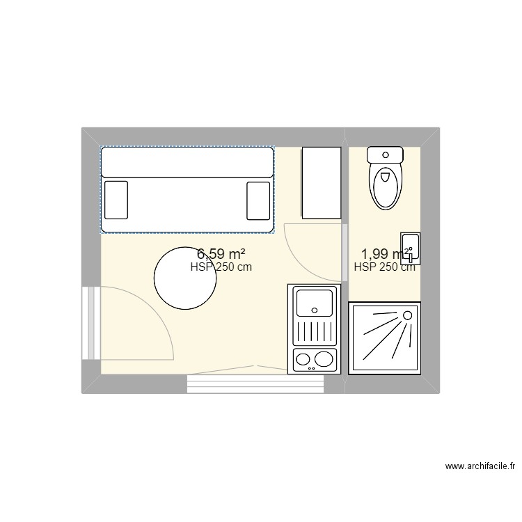 STUDETTE. Plan de 2 pièces et 9 m2