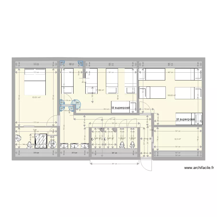 Dortoir long&egrave;re. Plan de 